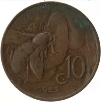 Монета 10 чентезимо Италии 1923 года Бронза Витторио Эмануил III