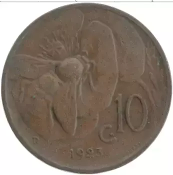 Монета 10 чентезимо Италии 1923 года Бронза Виктор Эммануил III