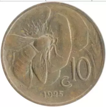 Монета 10 чентезимо Италии 1925 года Бронза Витторио Эммануил III
