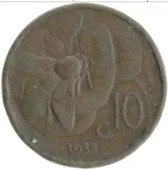 Монета 10 чентезимо Италии 1933 года Бронза Витторио Эммануил III