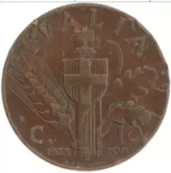 Монета 10 чентезимо Италии 1938 года Бронза Витторио Эммануил III