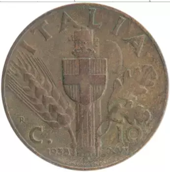 Монета 10 чентезимо Италии 1938 года Бронза Витторио Эммануил III