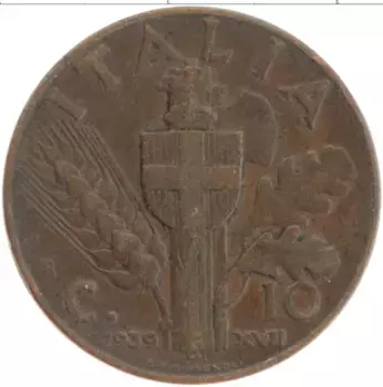 Монета 10 чентезимо Италии 1939 года Бронза Витторио Эммануил III
