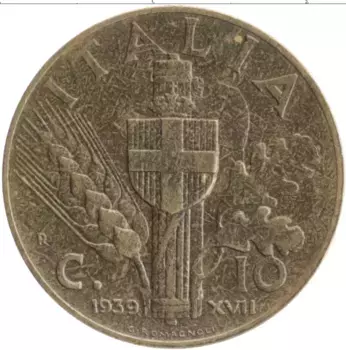Монета 10 чентезимо Италии 1939 года Бронза Витторио Иммануил III