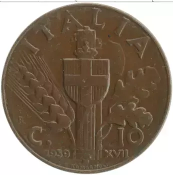 Монета 10 чентезимо Италии 1939 года Бронза Витторио Эммануил III