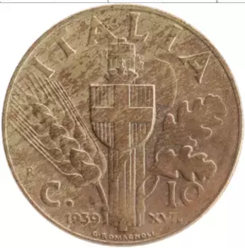Монета 10 чентезимо Италии 1939 года Медь Витторио Иммануил III