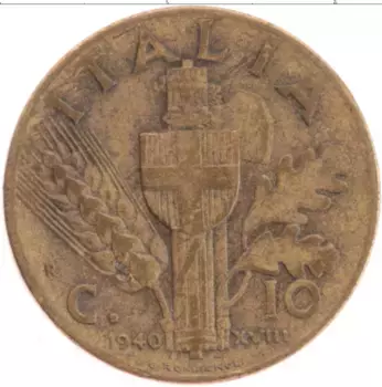 Монета 10 чентезимо Италии 1940 года Бронза Виктор Эммануил III