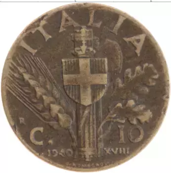 Монета 10 чентезимо Италии 1940 года Бронза Виктор Эммануил III