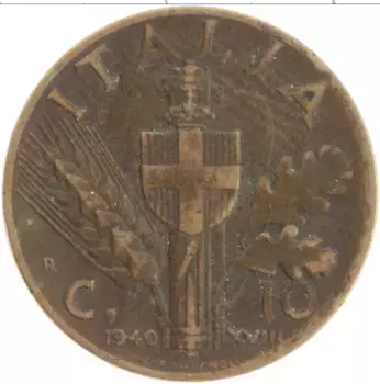 Монета 10 чентезимо Италии 1940 года Бронза Виктор Эммануил III