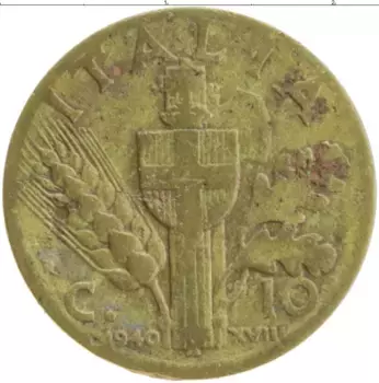 Монета 10 чентезимо Италии 1940 года Бронза Витторио Эмануил III