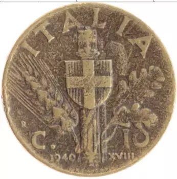 Монета 10 чентезимо Италии 1940 года Бронза Витторио Эммануил III