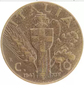Монета 10 чентезимо Италии 1941 года Латунь Виктор Эммануил III