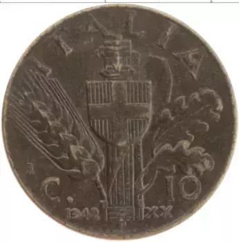 Монета 10 чентезимо Италии 1942 года Бронза Витторио Эммануил III