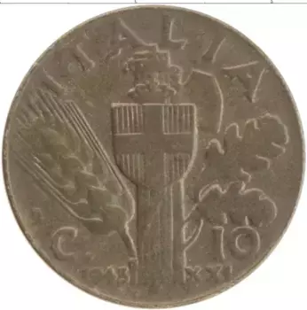 Монета 10 чентезимо Италии 1943 года Бронза Виктор Эммануил III