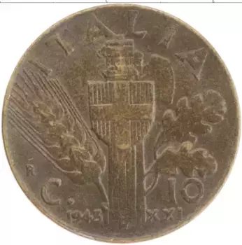 Монета 10 чентезимо Италии 1943 года Бронза Виктор Эммануил III