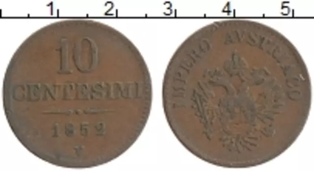 Монета 10 чентезимо Ломбардии 1852 года Медь Австрийская оккупация