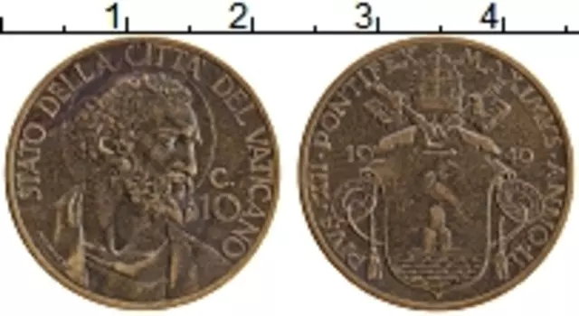 Монета 10 чентезимо Ватикана 1940 года Медь Пий XII