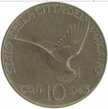 Монета 10 чентезимо Ватикана 1943 года Бронза Пий XII