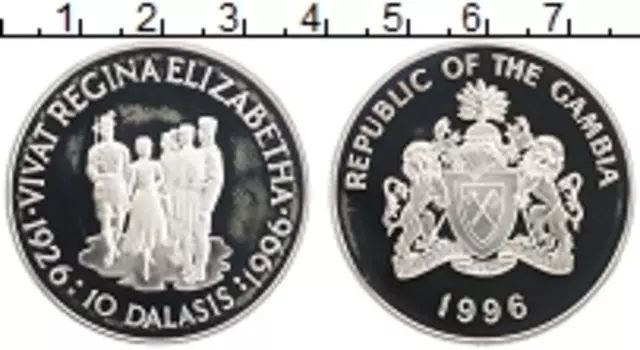 Монета 10 даласи Гамбии 1996 года Серебро 70 лет королеве Елизавете II
