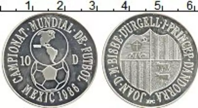 Монета 10 динерс Андорры 1986 года Серебро Чемпионат Мира по футболу