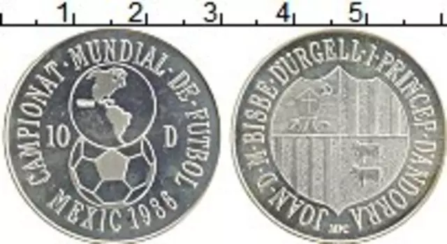 Монета 10 динерс Андорры 1986 года Серебро Чемпионат Мира по футболу