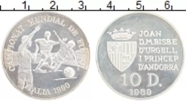 Монета 10 динерс Андорры 1989 года Серебро Чемпионат Мира по футболу