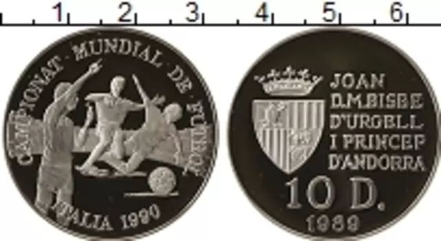 Монета 10 динерс Андорры 1989 года Серебро Чемпионат Мира по футболу