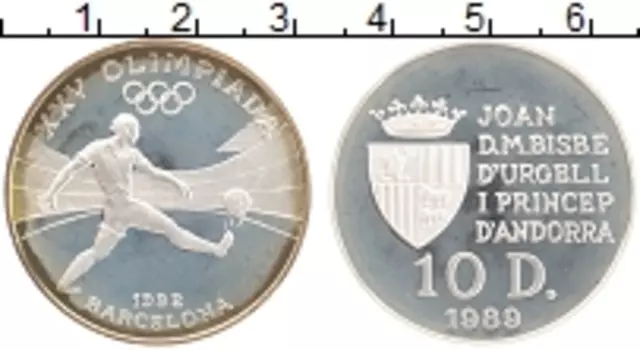 Монета 10 динерс Андорры 1989 года Серебро Олимпийские игры