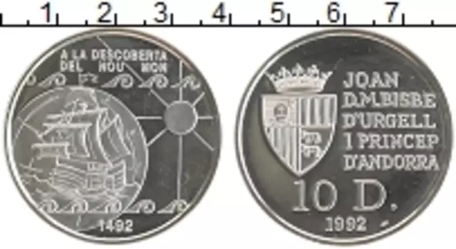 Монета 10 динерс Андорры 1992 года Серебро 500 лет открытия Америки