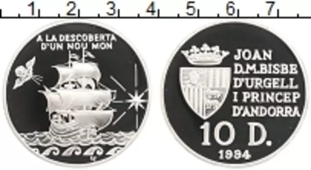Монета 10 динерс Андорры 1994 года Серебро Открытие нового мира