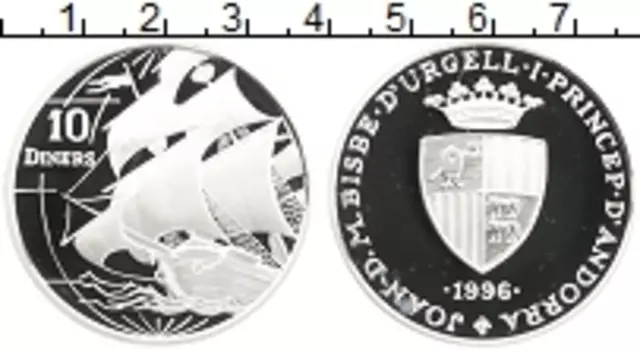 Монета 10 динерс Андорры 1996 года Серебро Парусник