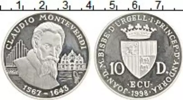 Монета 10 динерс Андорры 1998 года Серебро Клаудио Монтеверди