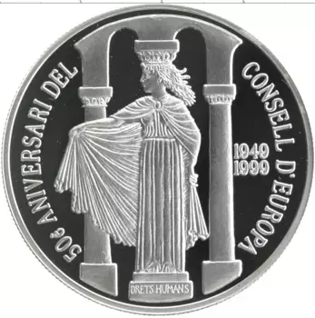 Монета 10 динерс Андорры 1999 года Серебро 50 лет Европейскому совету