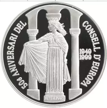 Монета 10 динерс Андорры 1999 года Серебро 50 лет Европейскому совету