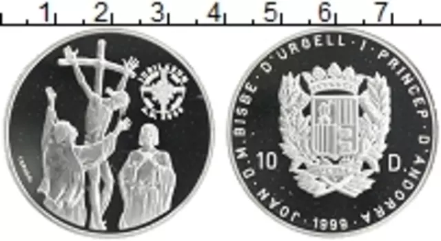 Монета 10 динерс Андорры 1999 года Серебро Великий юбилей 2000 года - Иисус на кресте