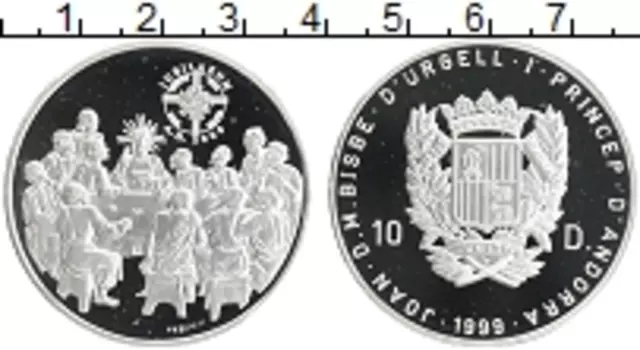 Монета 10 динерс Андорры 1999 года Серебро Великий юбилей 2000 года - Тайная вечеря