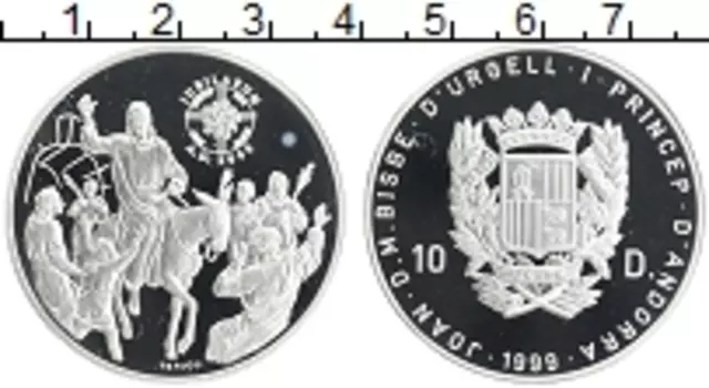 Монета 10 динерс Андорры 1999 года Серебро Великий юбилей 2000 года - Вход Иисуса в Иерусалим
