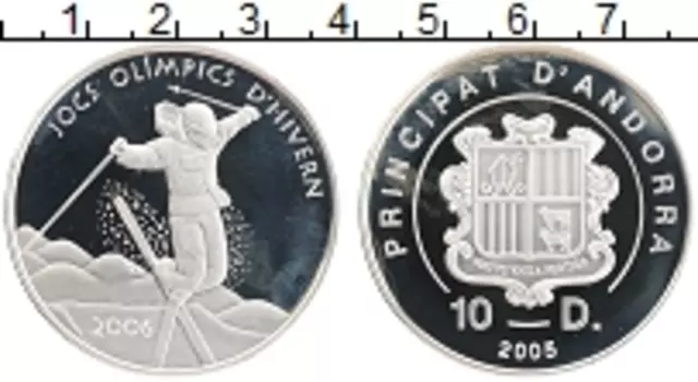 Монета 10 динерс Андорры 2005 года Серебро Олимпийские игры Турине 2006