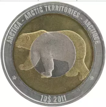 Монета 10 долларов Арктика 2011 года Биметалл Белый медведь