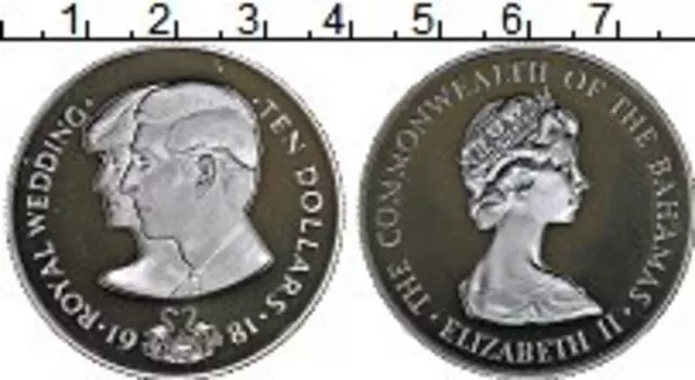 Монета 10 долларов Багамских островов 1981 года Серебро Свадьба принца Уэльского и леди Дианы Спенсер