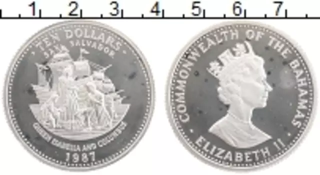 Монета 10 долларов Багамских островов 1987 года Серебро Сан Сальввадор