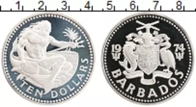 Монета 10 долларов Барбадоса 1974 года Серебро Посейдон