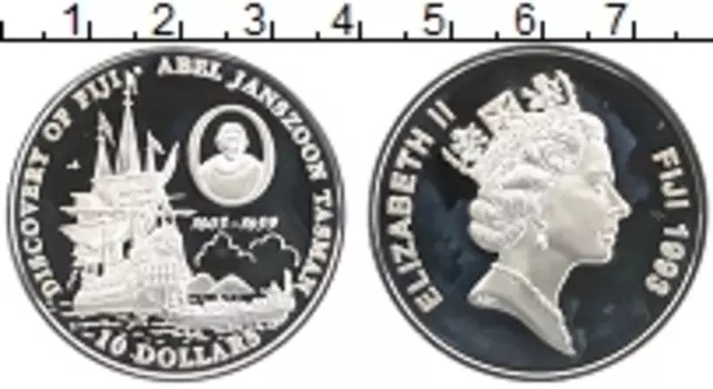 Монета 10 долларов Фиджи 1993 года Серебро 350 лет открытию Фиджи - Абель Янсзон Тасман