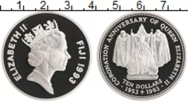 Монета 10 долларов Фиджи 1993 года Серебро 40 лет Коронации королевы Елизаветы II
