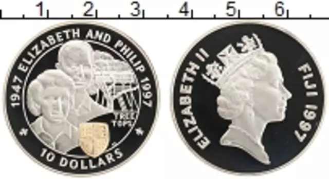 Монета 10 долларов Фиджи 1997 года Серебро 50 лет свадьбы Королевы Елизаветы II и принца Филиппа