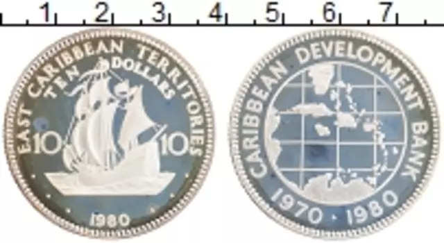 Монета 10 долларов Кариб 1980 года Серебро 10 лет Карибскому банку