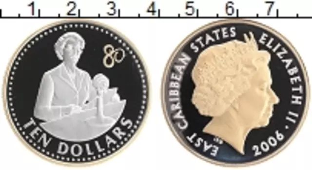 Монета 10 долларов Кариб 2006 года Серебро 80 лет королеве Елизавете II