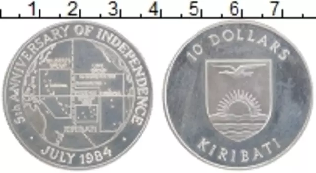 Монета 10 долларов Кирибати 1984 года Серебро 5 лет Независимости