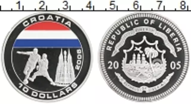 Монета 10 долларов Либерии 2005 года Посеребрение Чемпионат мира по футболу в Германии 2006