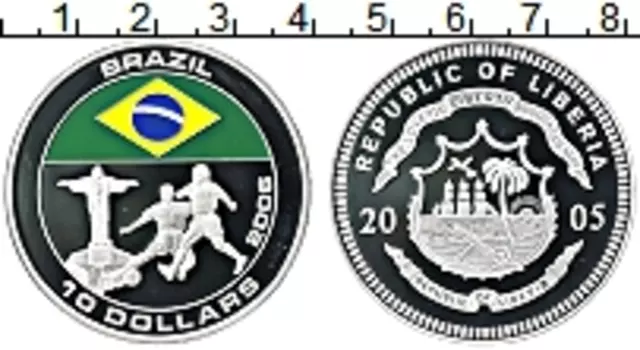 Монета 10 долларов Либерии 2005 года Серебро Чемпионат мира по футболу